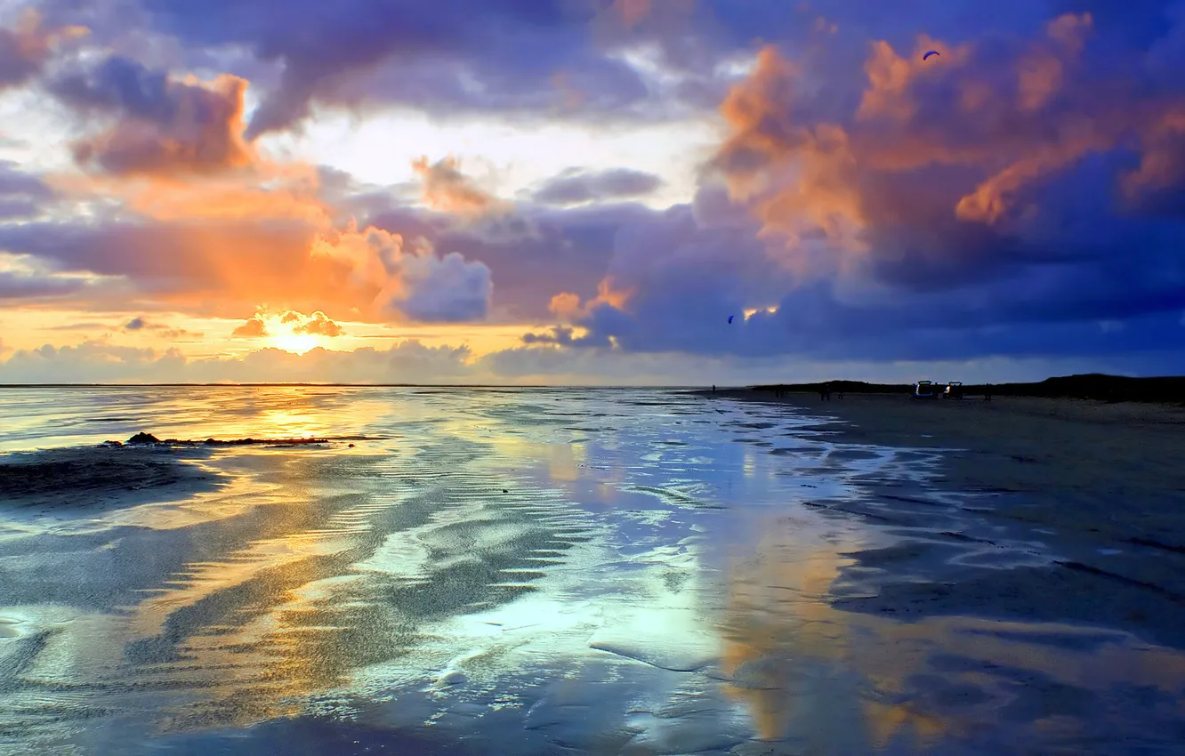 Фото обои песок, небо, цвета, пейзаж, закат, природа, фото, фон
