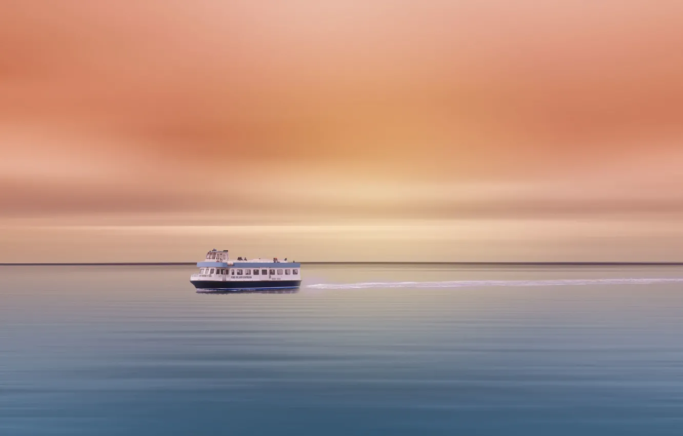 Фото обои туман, океан, корабль, утро, плавание, линия горизонта, Fire Island Express