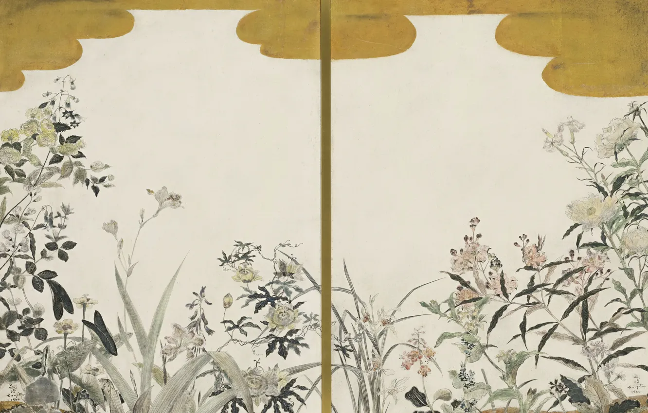 Фото обои 1940, Цугухару, Фудзита, Цветы (две панели ширмы), масло и сусальное золото