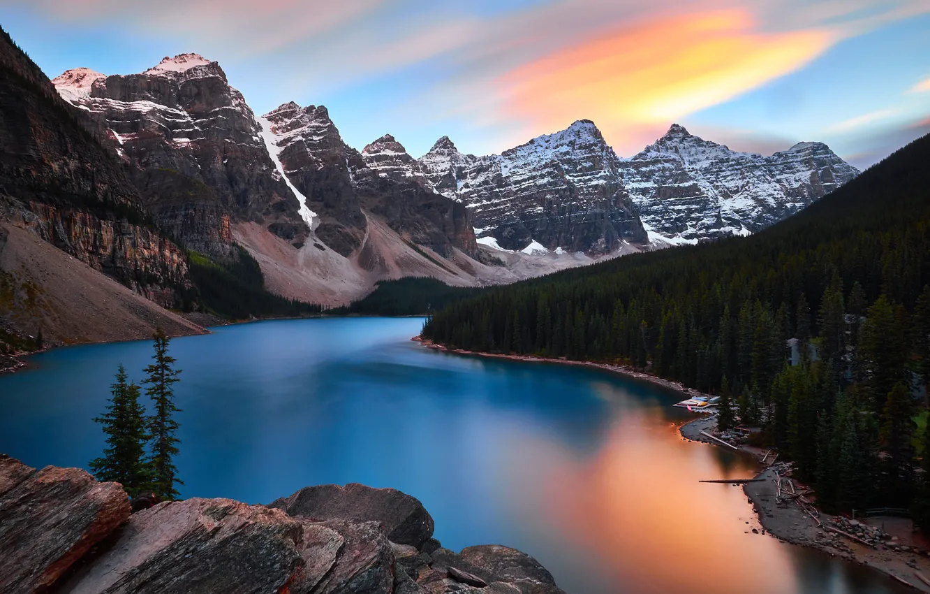 Фото обои пейзаж, закат, горы, природа, озеро, отражение, камни, скалы