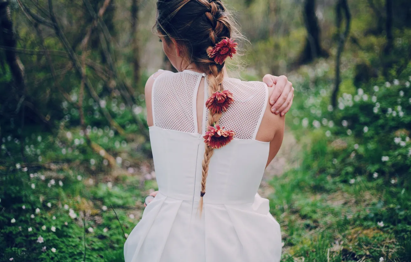 Фото обои девушка, цветы, спина, платье, коса