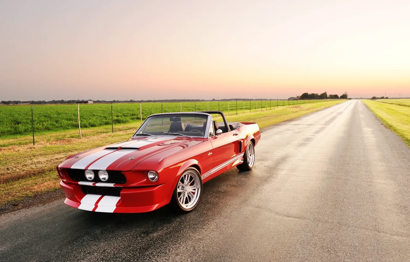 Фото обои дорога, поле, небо, красный, полосы, тюнинг, Mustang, Ford