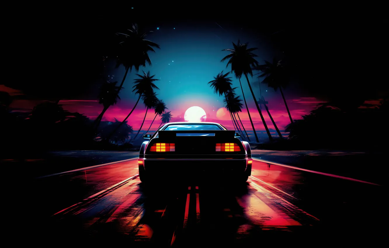 Фото обои Cars, Digital Art, Delorean, Artwork, Artist, Synthwave, Outrun