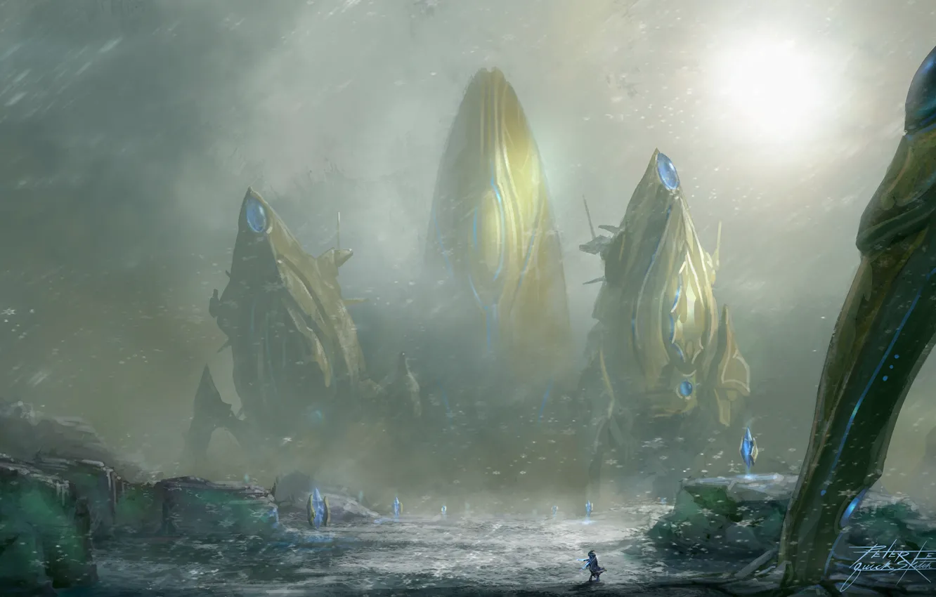 Фото обои снег, арт, кристаллы, метель, гигантское, Heart of the Swarm, сооружиение, StarCraft