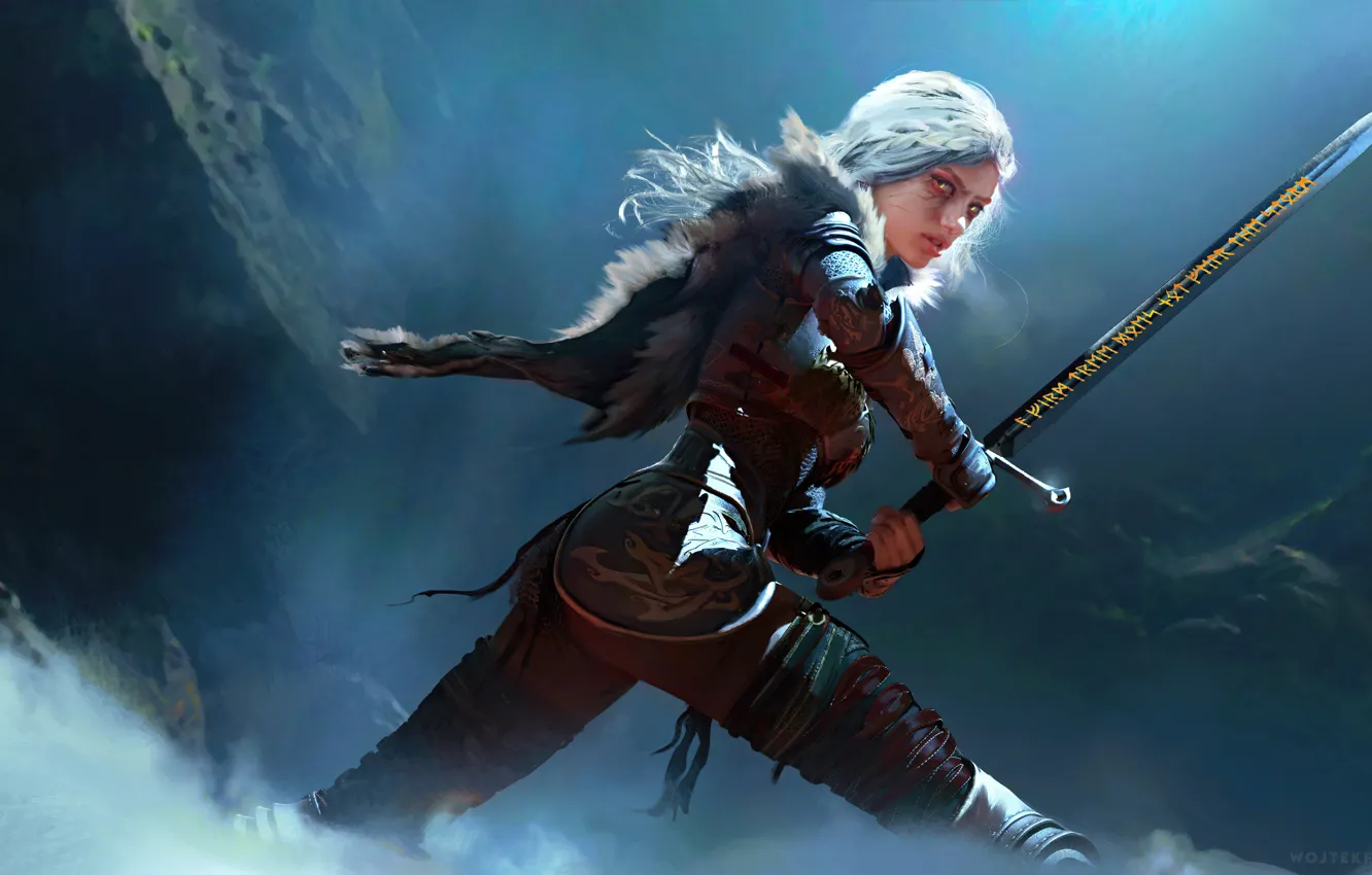 Фото обои туман, дневной свет, цири, cirilla Fiona Elen Riannon, ведьмачий меч, девушка воительница, девушка с мечом