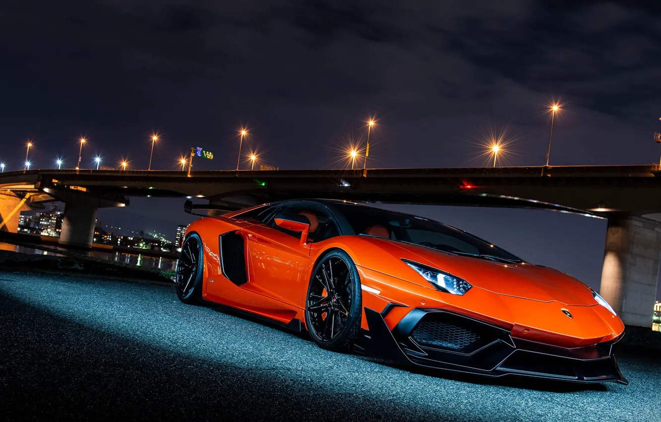 Фото обои Lamborghini, Orange, Bridge, Lights, Night, Aventador, VAG