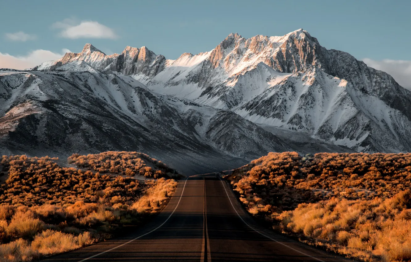 Фото обои road, landscape, nature, water, California, mountains, snow, asphalt