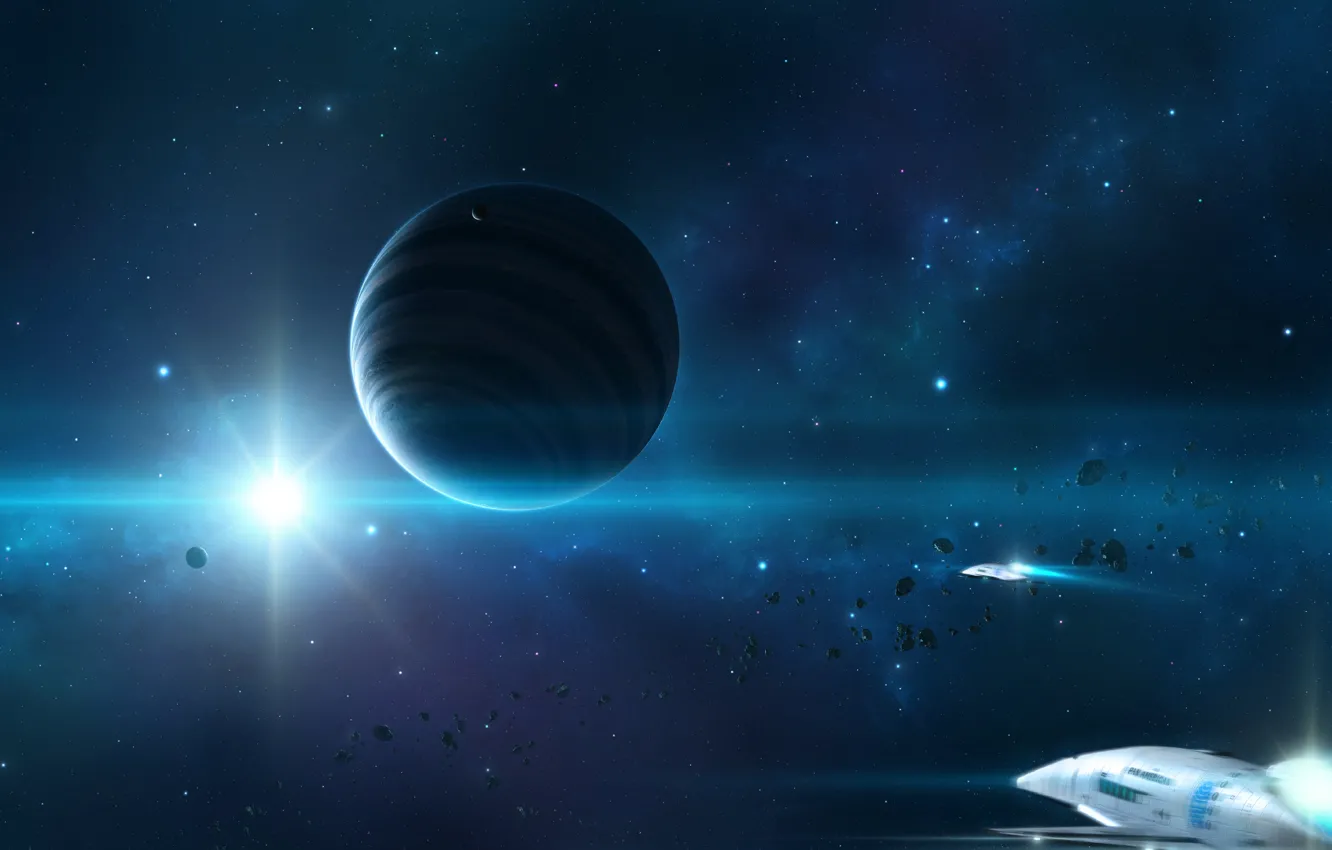 Фото обои планета, корабли, звёзды, метеориты