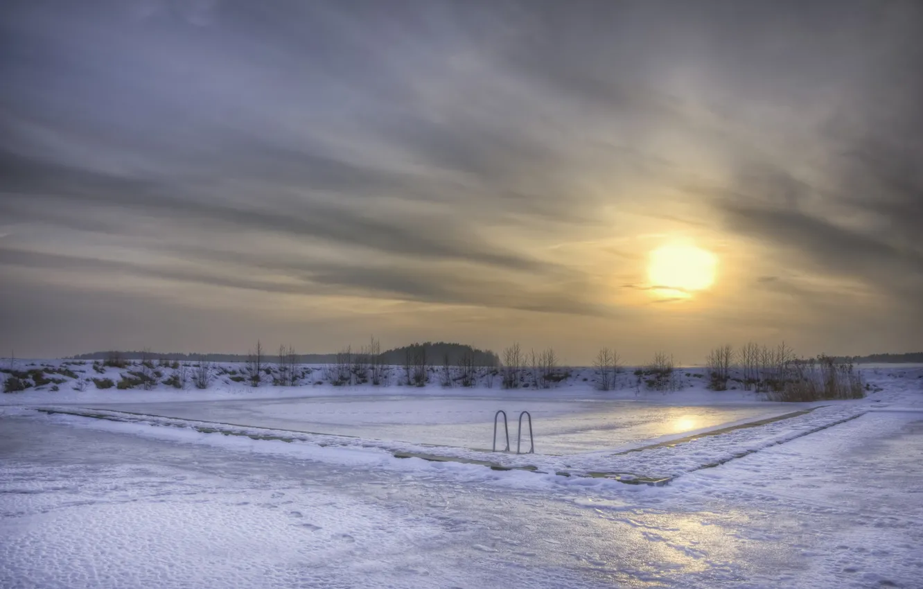 Фото обои лед, зима, небо, солнце, снег, закат, тучи, озеро