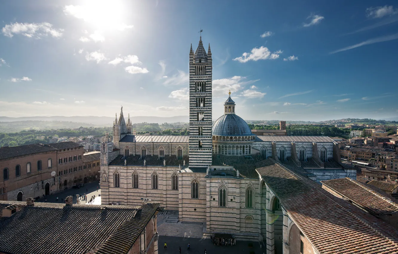 Фото обои Италия, панорама, Тоскана, Кафедральный собор, колокольня, Сиена