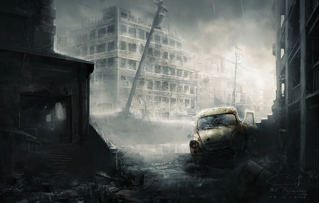 Фото обои машина, город, дождь, остов, арт, руины, постапокалипсис