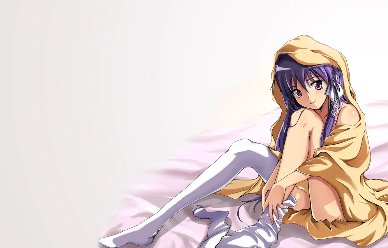 Фото обои girl, anime, stockings, sitting, blanket, purple hair, Clannad, Fujibayashi Kyou