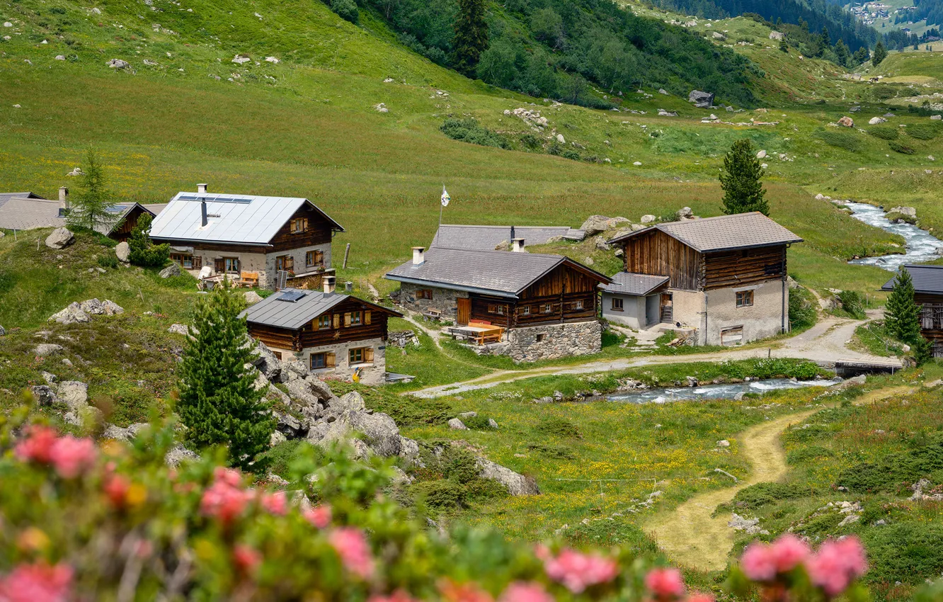 Фото обои Природа, Дома, Горы, Швейцария, Долина, Dischmatal