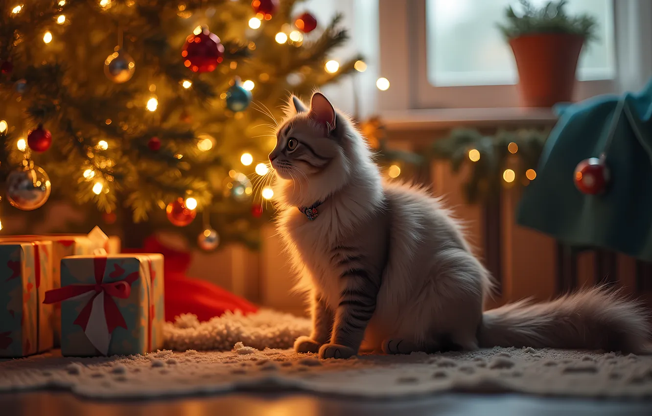 Фото обои кошка, кот, взгляд, шарики, огни, поза, котенок, серый