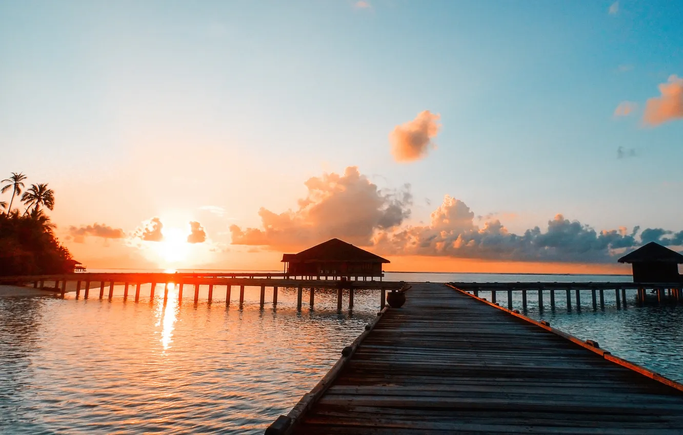 Фото обои Закат, Океан, Мальдивы, Пейзаж, Отель, Sunset, Maldives, Hotel