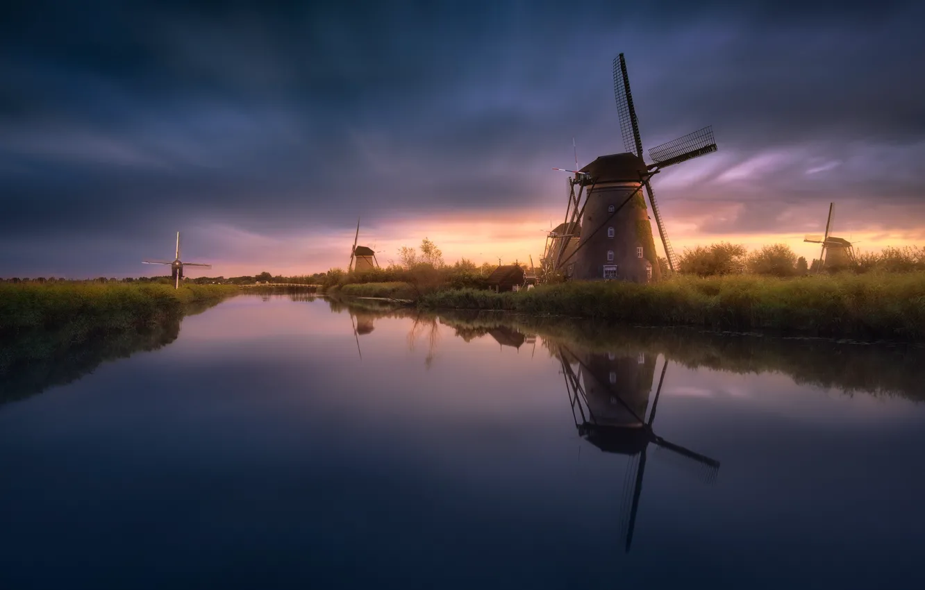 Фото обои вода, свет, вечер, канал, Нидерланды, ветряные мельницы