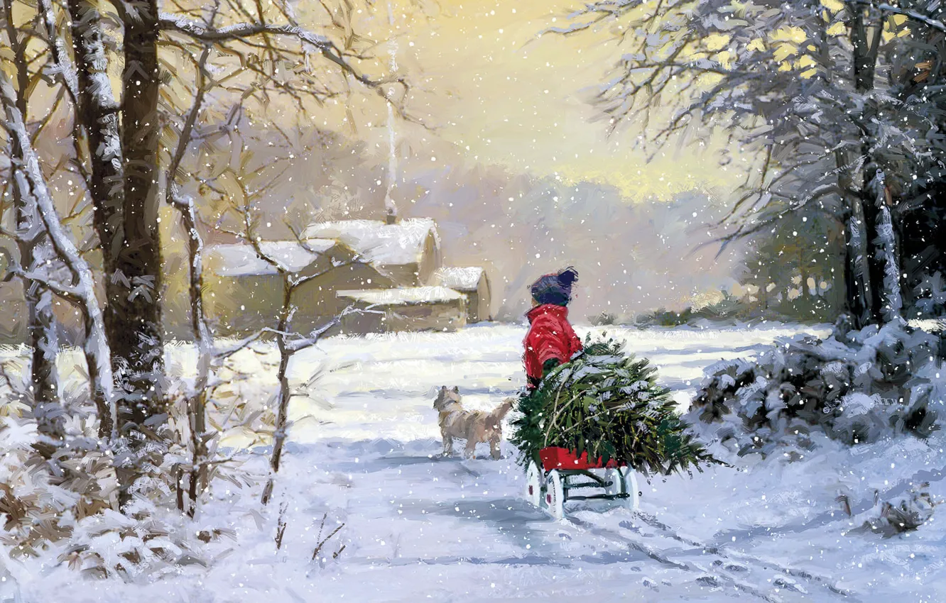 Фото обои зима, елка, ребенок, собака