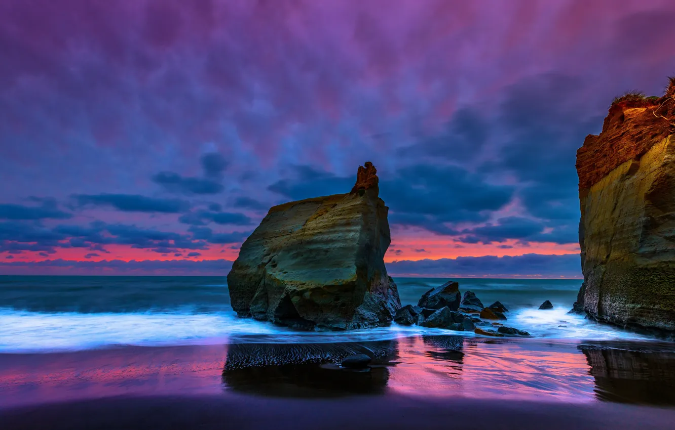 Фото обои море, закат, скалы, Новая Зеландия, New Zealand, Таранаки, Тасманово море, Tasman Sea