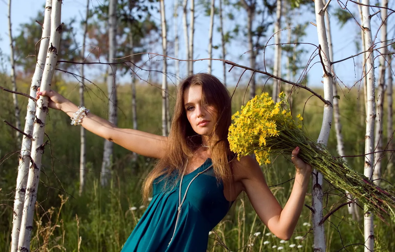 Фото обои лето, девушка, цветы, берёзы