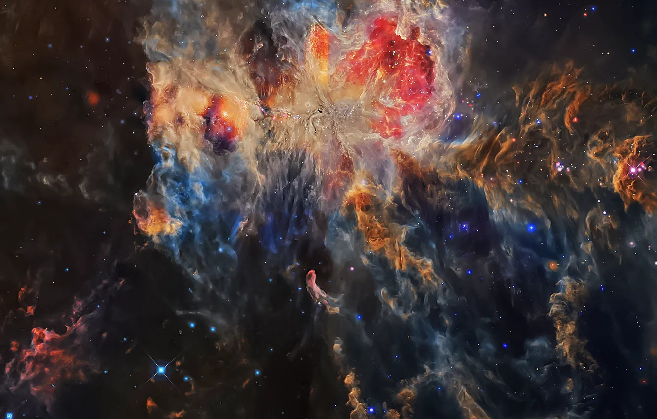 Фото обои космос, звезды, туманность, M42, туманность Ориона, пылевые волокна, скопления звезд Трапеция