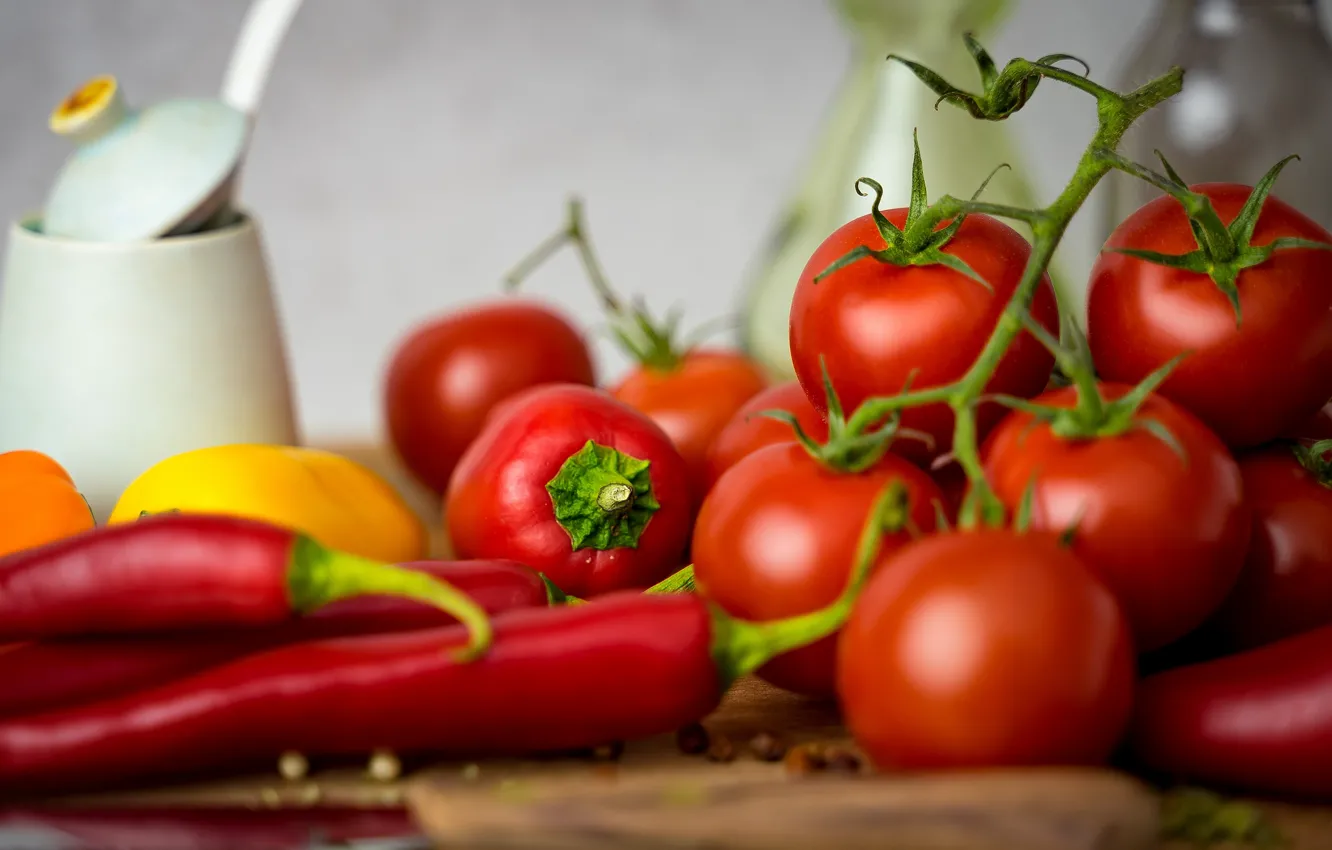 Фото обои перец, овощи, помидоры, томаты, боке