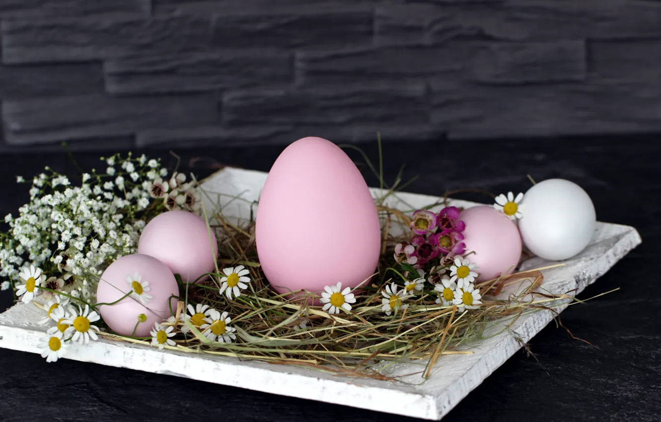 Фото обои цветы, стена, праздник, яйца, Пасха, сено, подставка, Easter