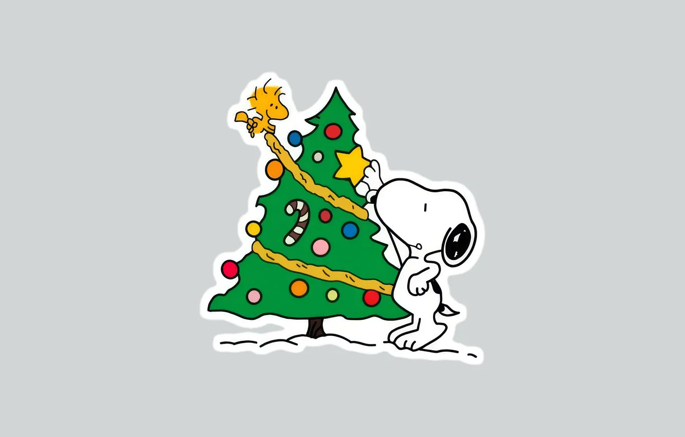 Фото обои Рождество, серый фон, Вудсток, Снупи, Snoopy, decorating the Christmas tree, Little Bird Woodstock, украшают рождественскую …