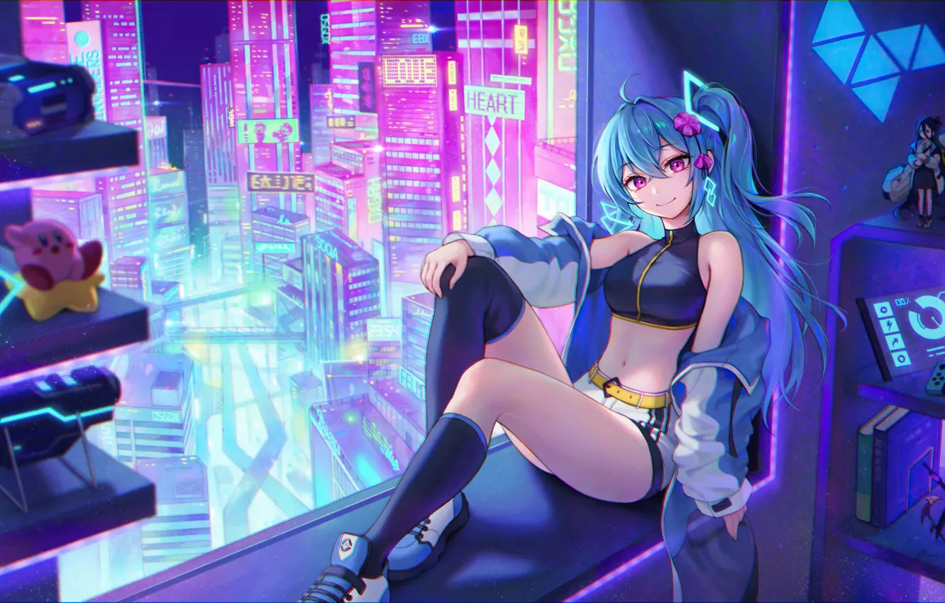 Фото обои girl, anime, purple eyes, cyberpunk