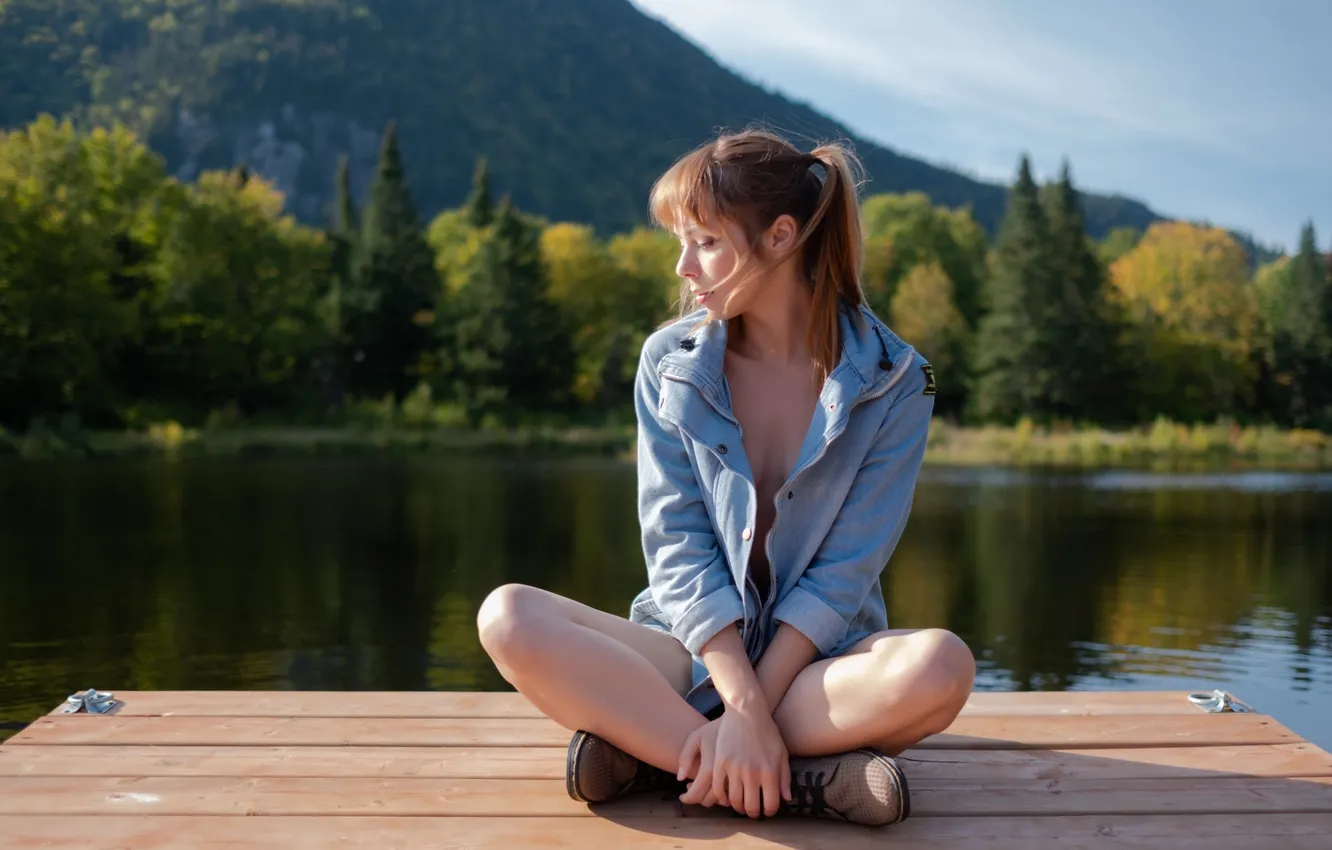Фото обои long hair, nature, women, brunette, Ariel Rebel, pornstar, dock, no bra