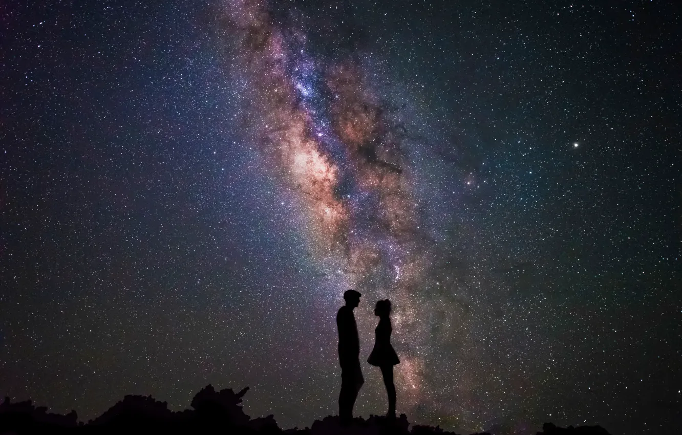Фото обои ночь, звёзды, пара, силуэты, Isaac Gautschi, astrophotograpy