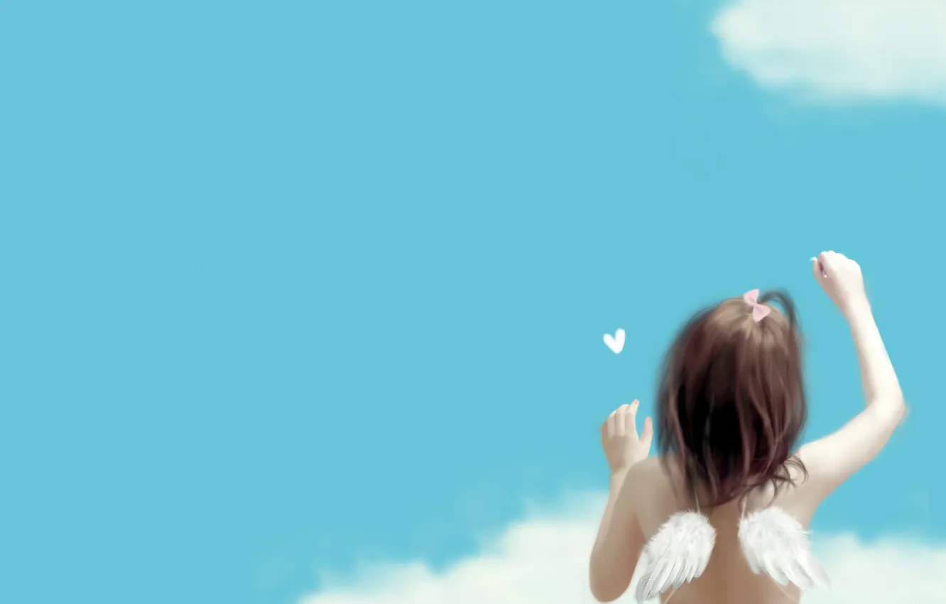 Фото обои облака, синева, спина, крылья, девочка, бант, сердечко