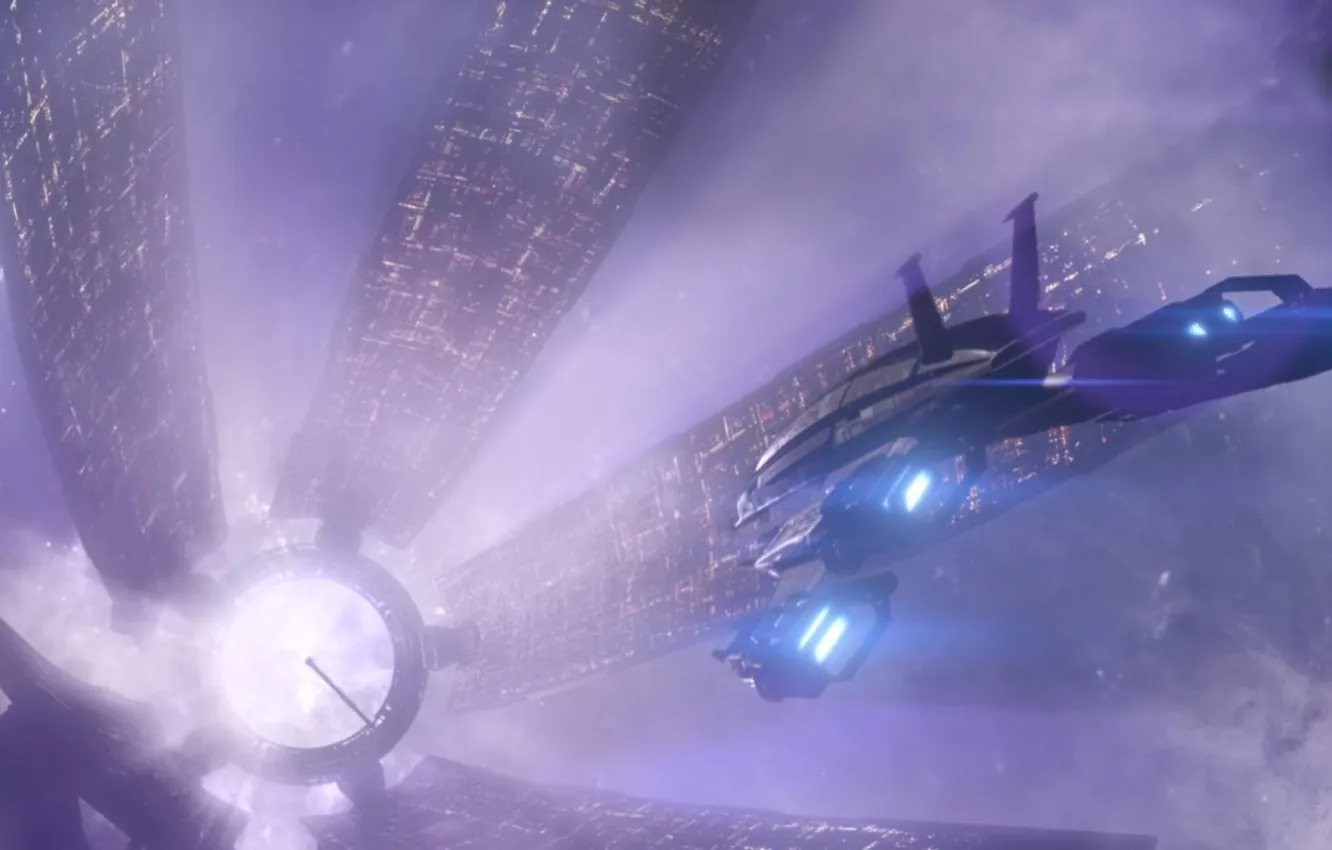 Фото обои космос, свет, город, корабль, Цитадель, Mass Effect, Нормандия