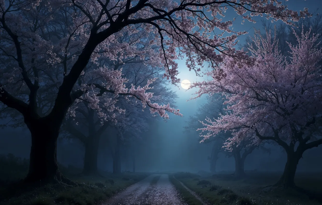 Фото обои деревья, парк, весна, сакура, цветение, trees, pink, night