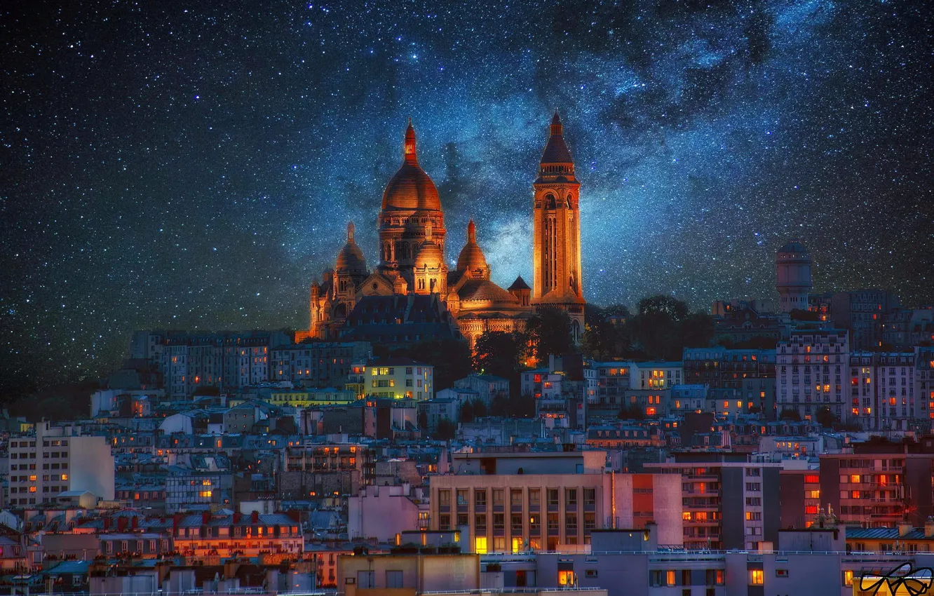Фото обои звезды, ночь, огни, Франция, Париж, млечный путь, Монмартр