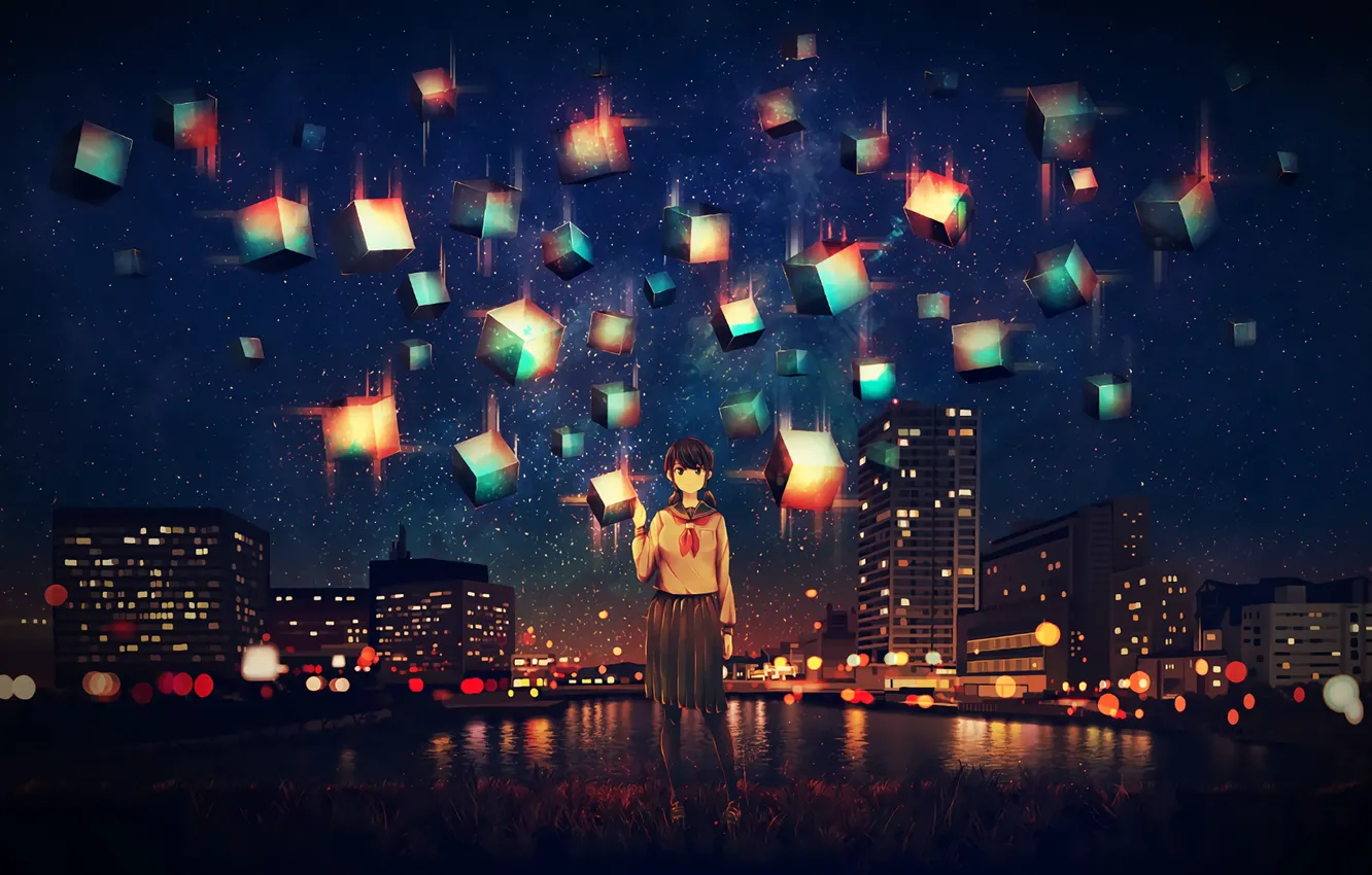 Фото обои девушка, ночь, город, кубики, фонарики