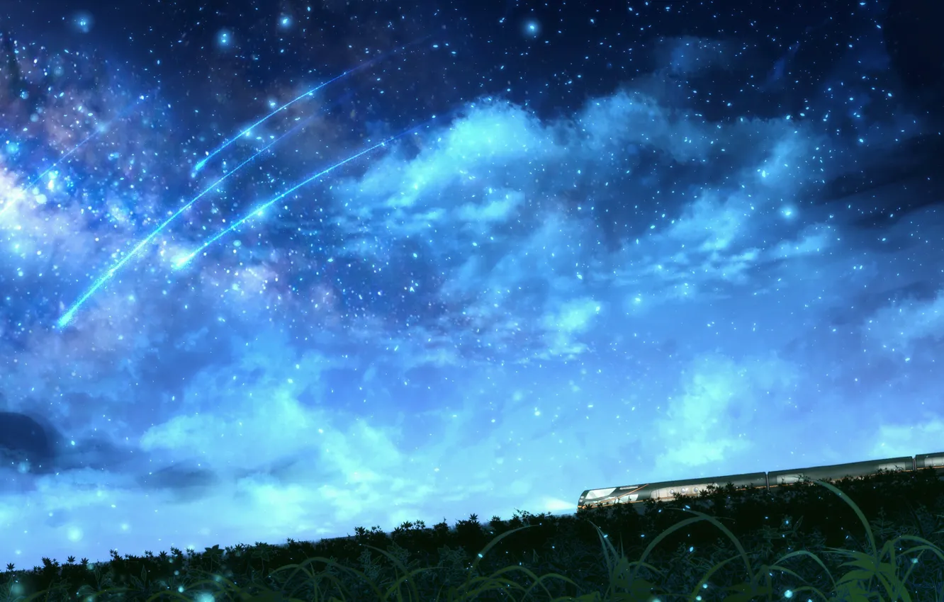 Фото обои небо, ночь, природа, поезд, падающие звезды, CZY