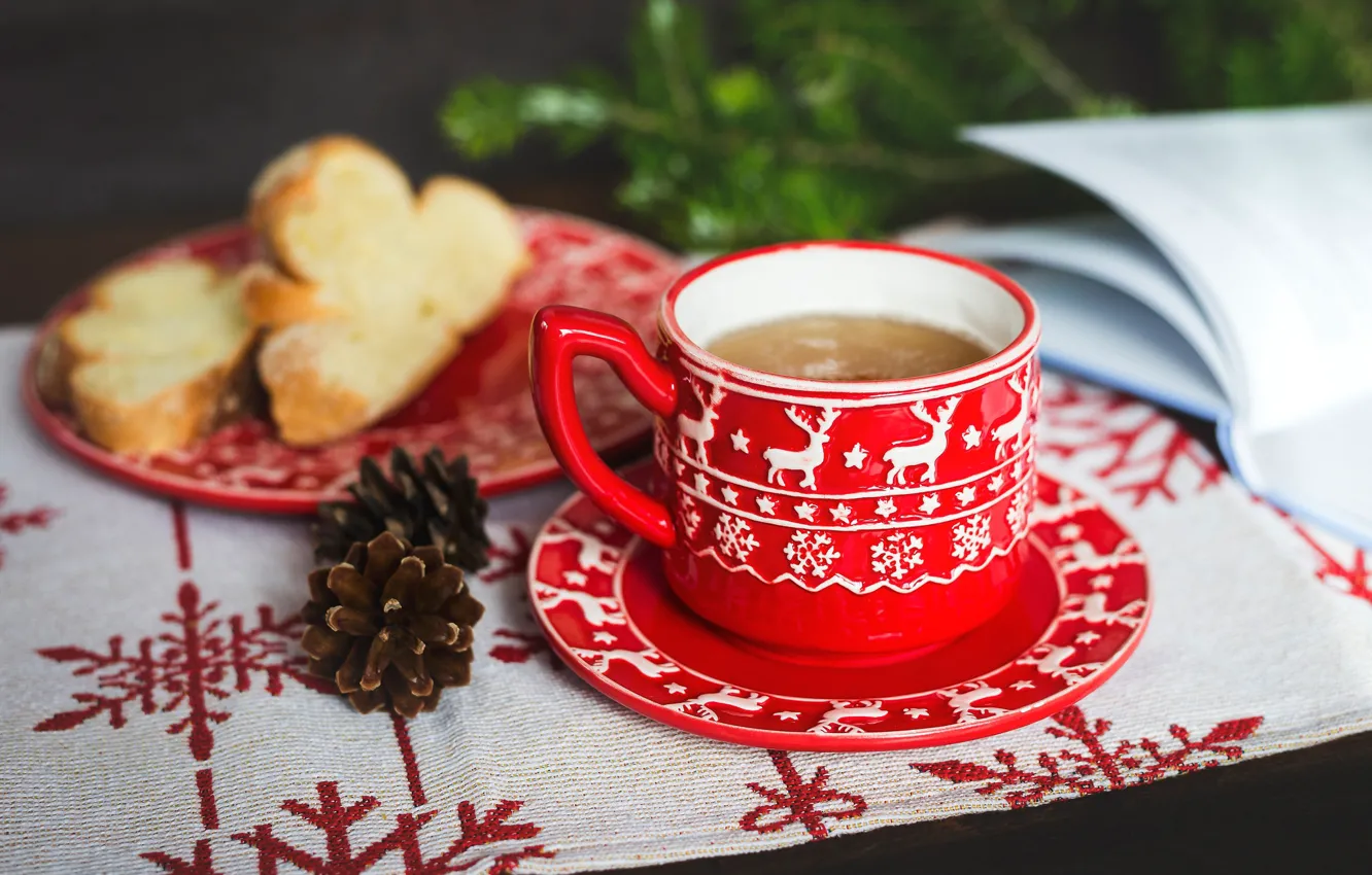 Фото обои снежинки, стол, фон, праздник, чай, новый год, рождество, хлеб