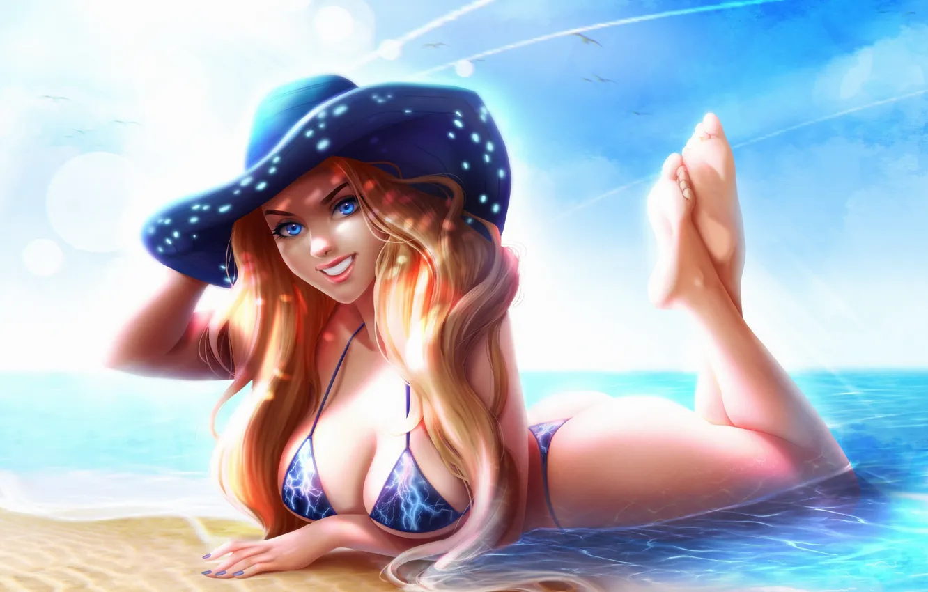 Фото обои пляж, девушка, улыбка, шляпа