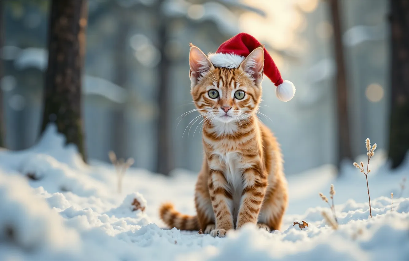 Фото обои зима, иней, лес, кошка, кот, взгляд, свет, снег