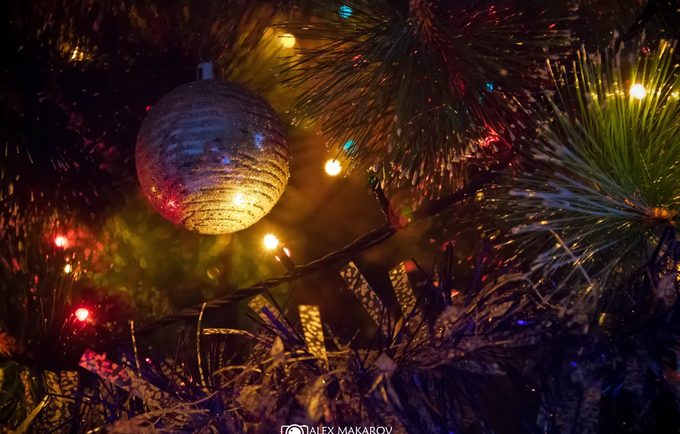 Фото обои елка, новый год, гирлянда