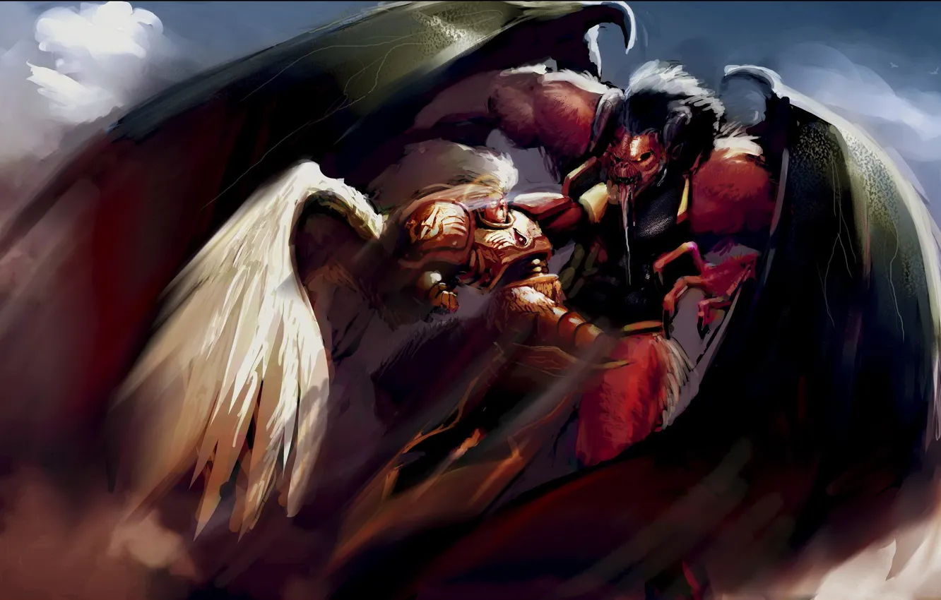 Фото обои демон, схватка, Warhammer 40k, примарх, bloodthirster, сангвиниус