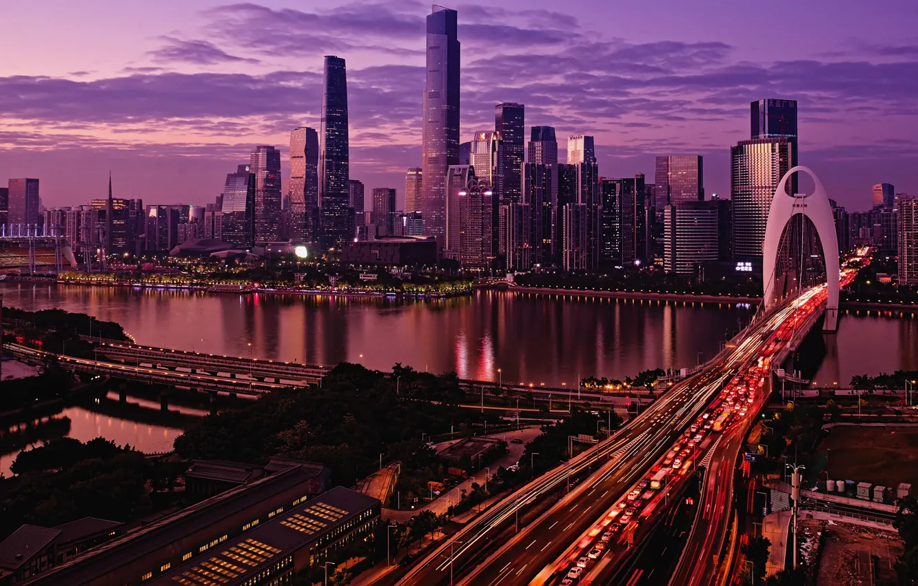 Фото обои city, lights, China, twilight, river, sky, cars, bridge