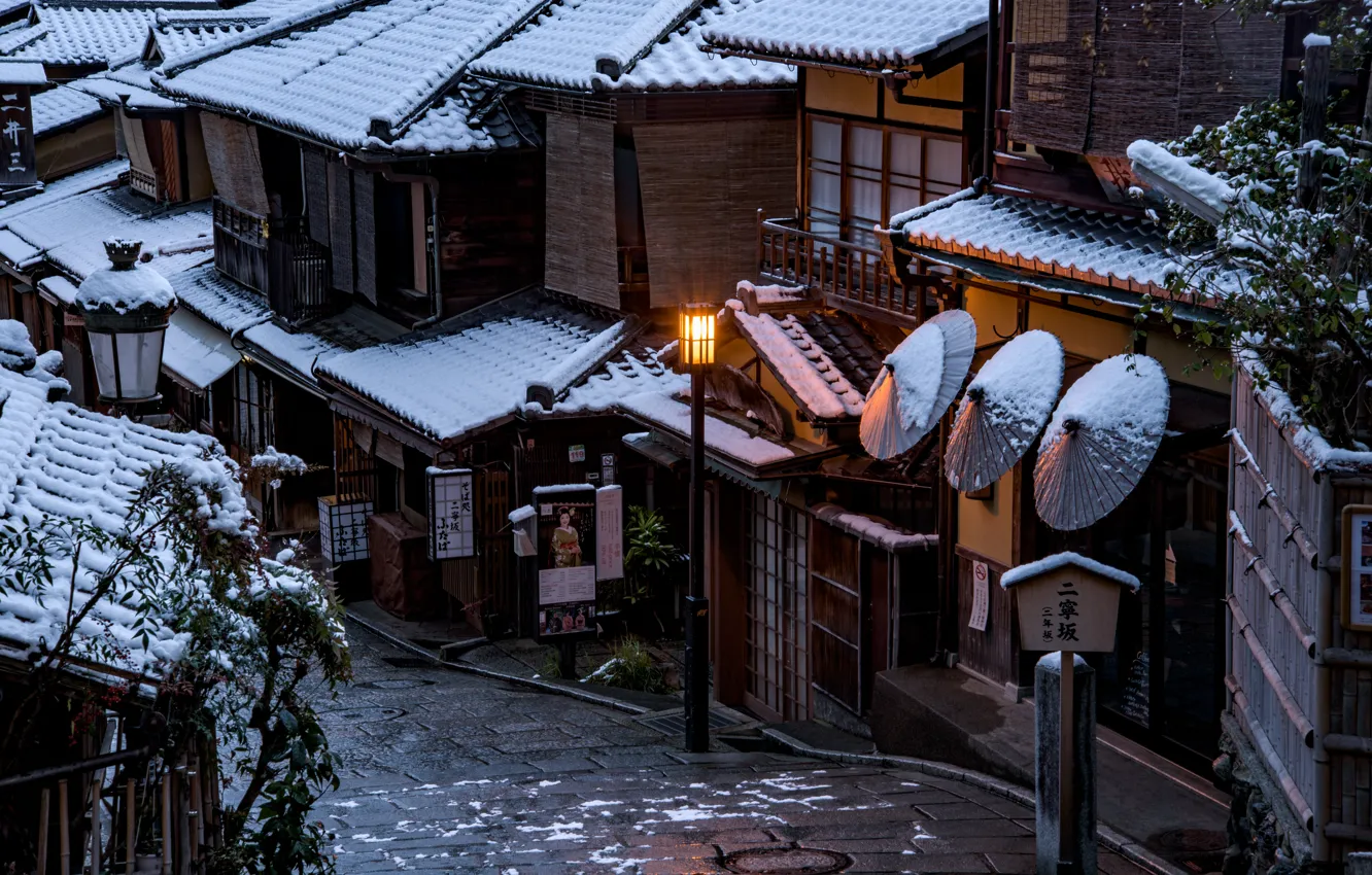 Фото обои Дома, Зима, Город, Япония, Улица, Киото
