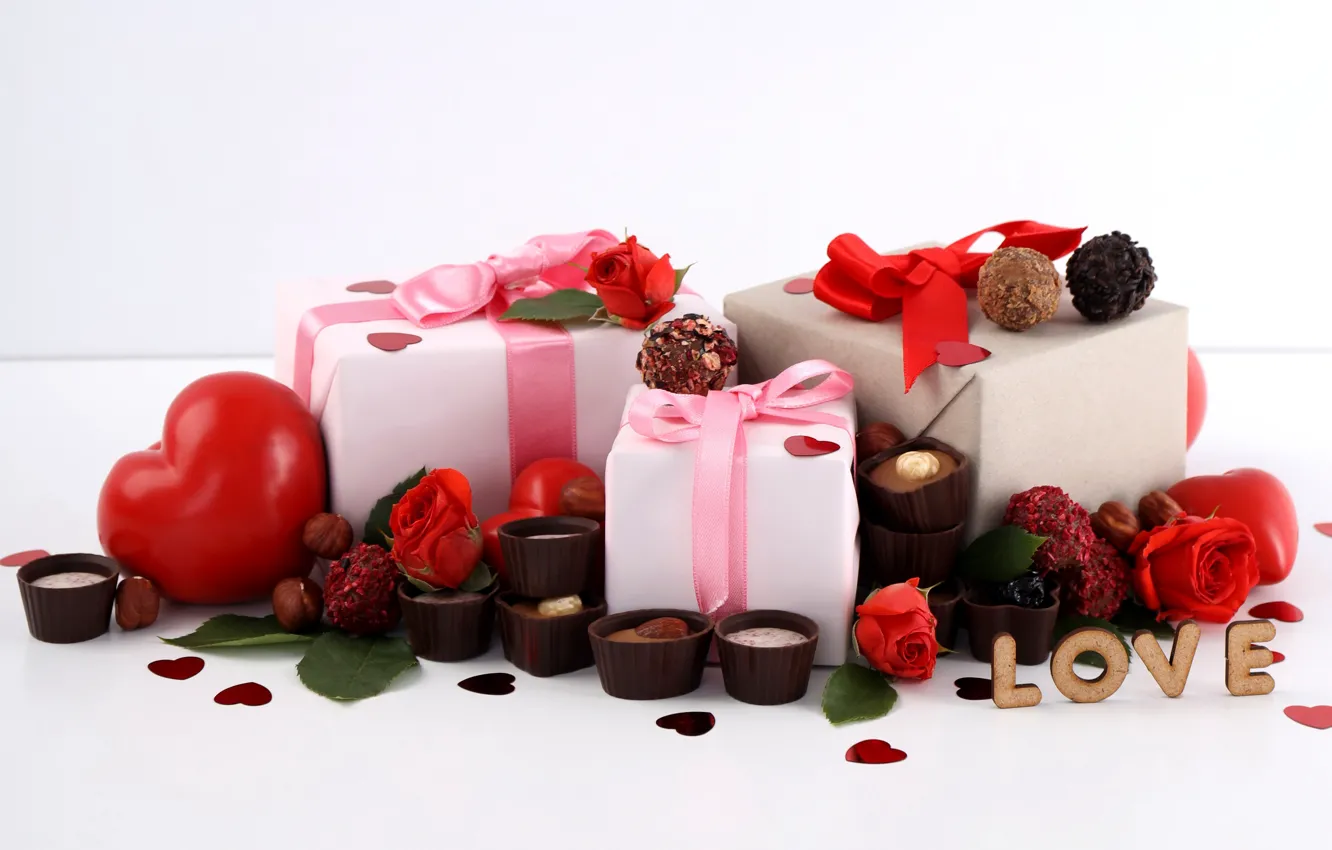Фото обои любовь, романтика, сердце, шоколад, подарки, сердечки, red, love