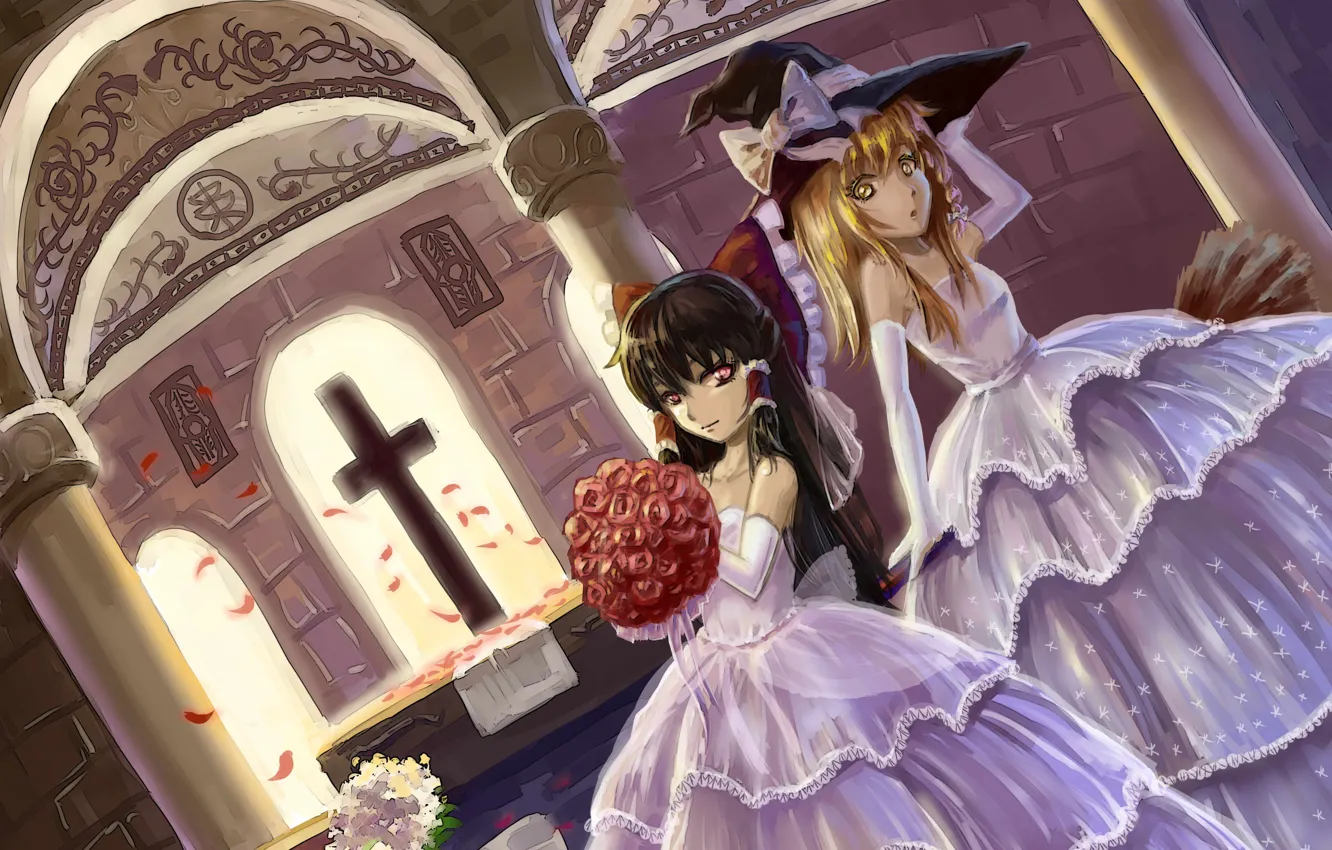 Фото обои крест, церковь, метла, алтарь, art, свадебное платье, невесты, букет роз
