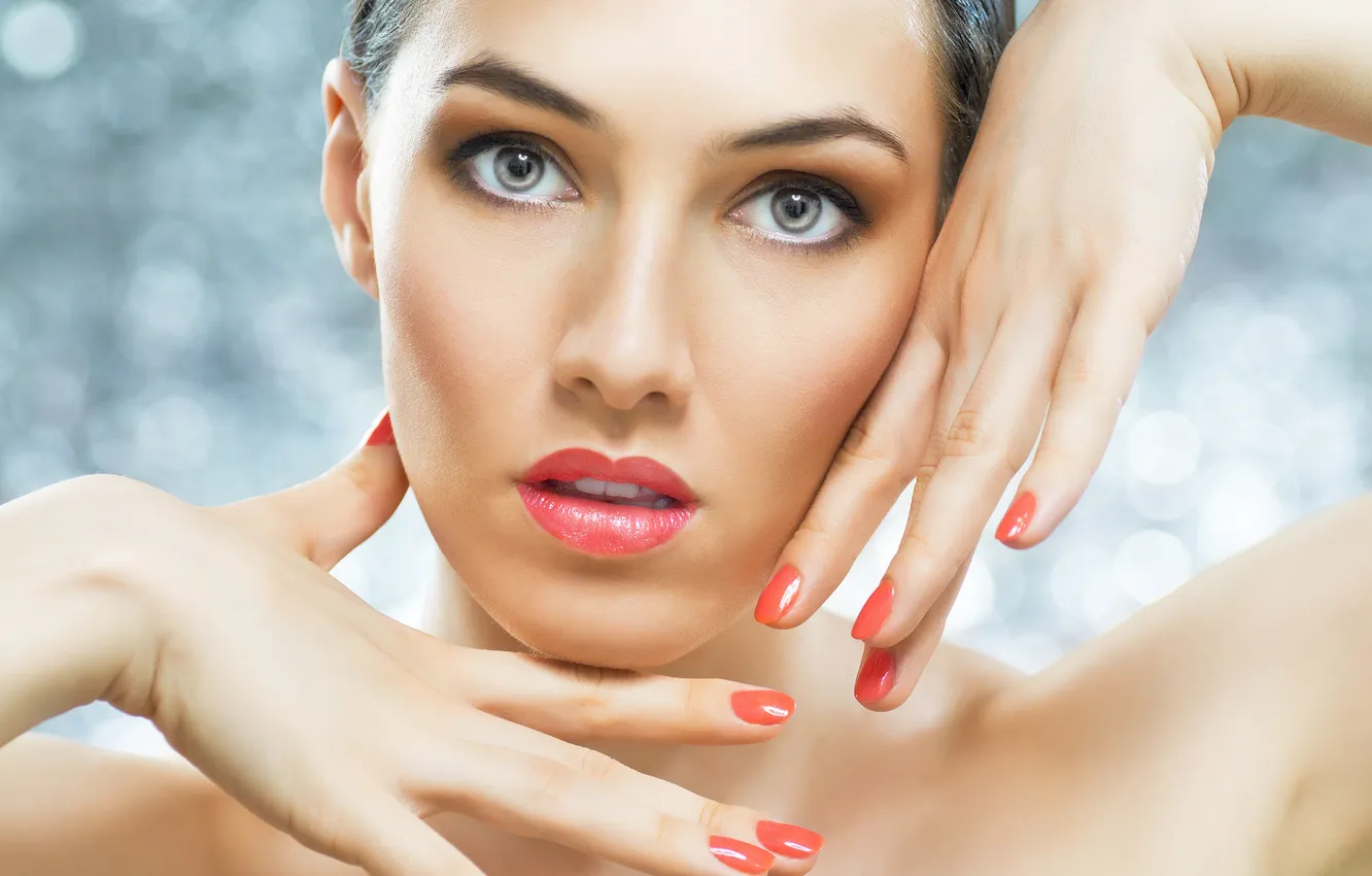 Фото обои взгляд, девушка, очарование, сероглазая, темноволосая