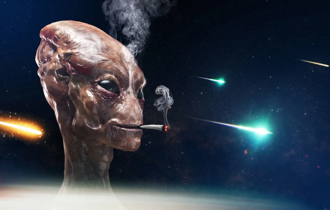 Фото обои космос, дым, инопланетянин, сигарета, курит