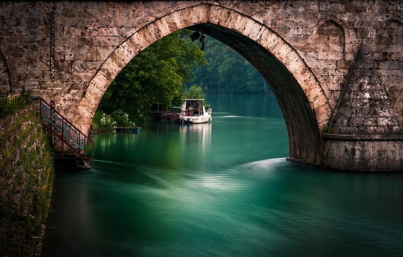 Фото обои мост, природа, река, лодка