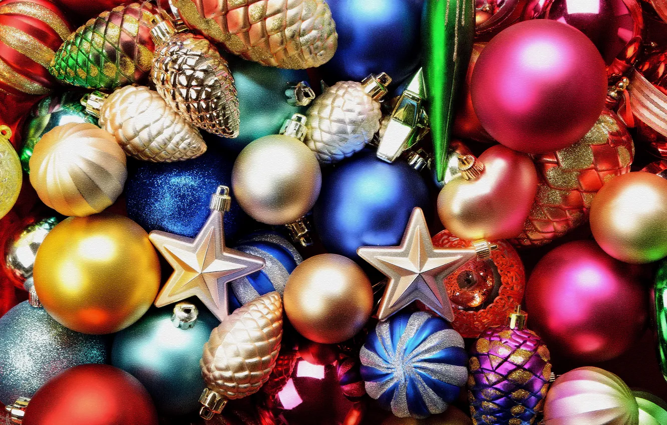 Фото обои украшения, шары, звезда, Новый год, Christmas, разноцветные, шишки, New Year