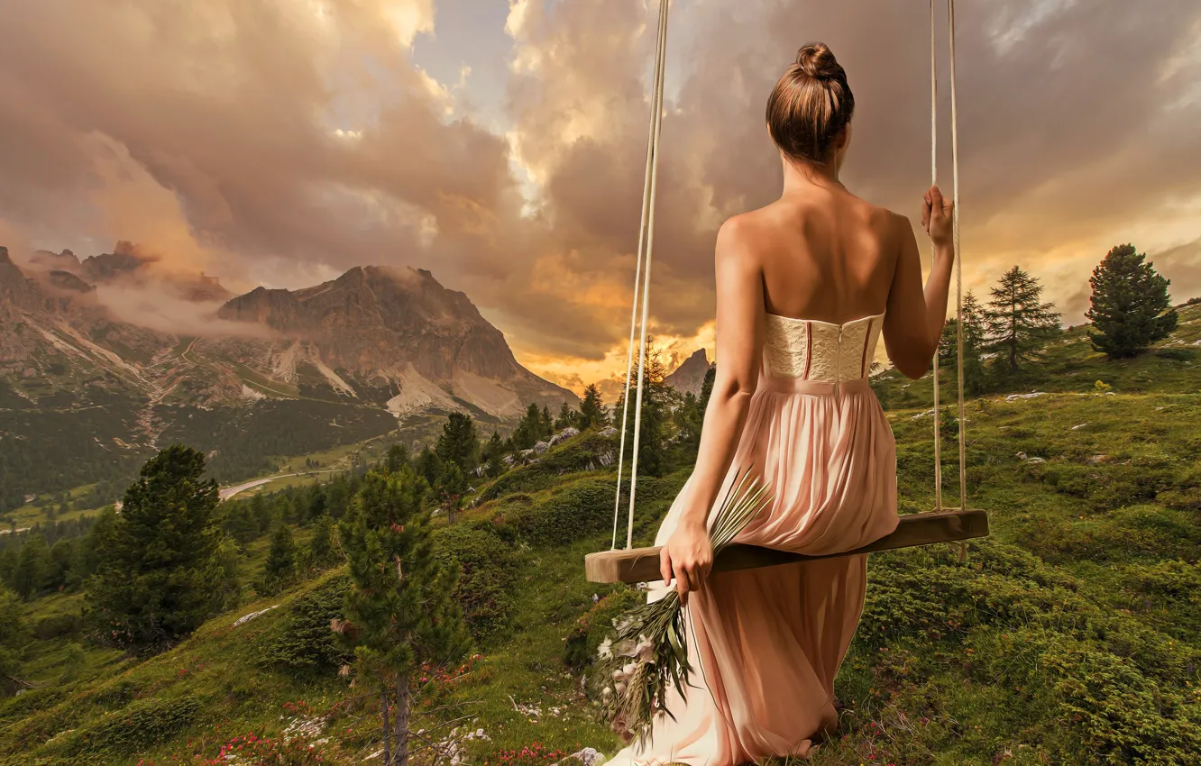 Фото обои лето, девушка, пейзаж, горы, природа, качели, настроение, спина